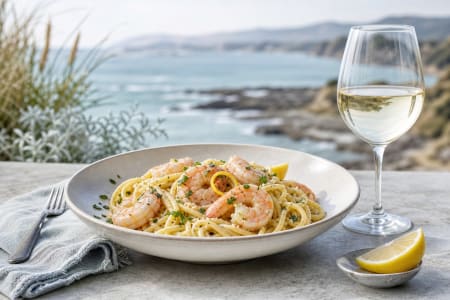 Shrimp-Pasta-Gericht mit einem Glas Weißwein vor felsiger Küste.