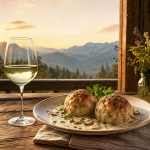 Bratknödel mit Sauerrahmsauce, dazu ein Glas Weißwein vor Alpengebirge.