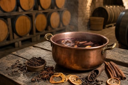 Kupfertopf mit dampfendem Rotwein, Zimtstangen, Nelken und Sternanis in einem Weinkeller mit Holzfässern