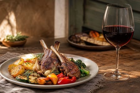 Gegrilltes Lamm mit Gemüse und einem Glas Rotwein.