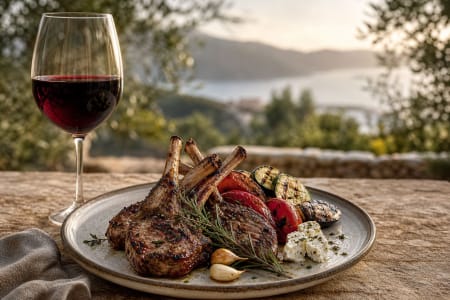 Lammkotletts mit mediterranen Kräutern und einem Glas Rotwein.