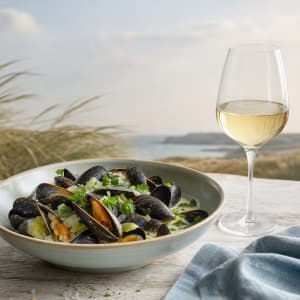 Miesmuschel-Gericht mit einem Glas Weißwein vor einer Küstenlandschaft.