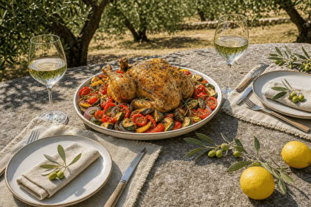 Ofenhähnchen mit mediterranem Ofengemüse für zwei Personen, dazu zwei Gläser Weißwein an einer gedeckten Tafel im sonnigen Olivenhain.