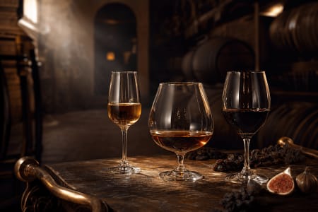 Stillleben mit Gläsern für Sherry, Brandy und Portwein in einer warm beleuchteten spanischen Bodega mit Holzfässern.