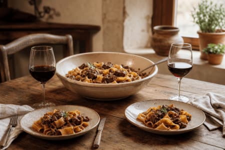 Wildragout mit Pappardelle, serviert mit einem Glas Rotwein als passende Speisebegleitung.