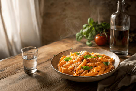 Pasta alla Vodka mit cremiger Tomatensauce, Parmesan und Basilikum neben einem Glas Vodka auf einem warm beleuchteten Holztisch.