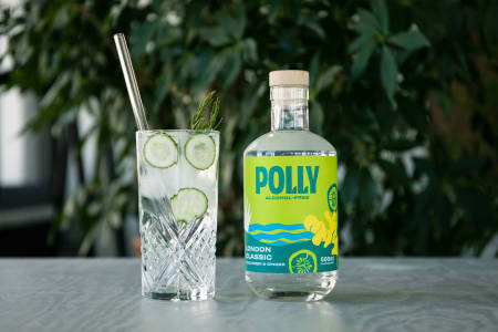 Eine Flasche alkoholfreier Gin der Marke Polly mit einem Glas Gin Tonic.
