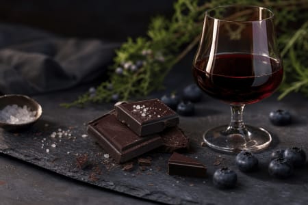 Reserve Port zu dunkler Schokolade mit Meersalz und Blaubeeren, angerichtet auf einer dunklen Schieferplatte als süße Speisebegleitung.