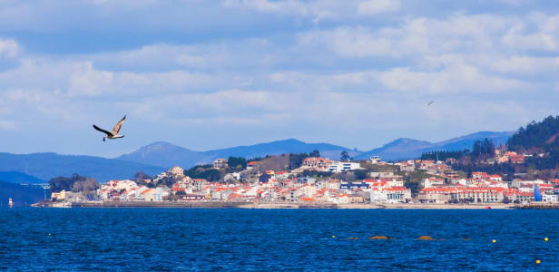 Blick auf das Dorf Ría de Arousa und den Hafen. Provinz Pontevedra, Galicien, Spanien.