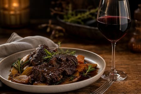 Rinderbäckchen mit einem Glas Terre Brune Rotwein.