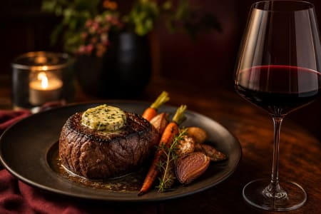 Rinderfilet mit Kräuterbutter, Gemüse und einem Glas Rotwein.