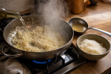 Ein Risotto wird beim Kochen mit Weißwein abgelöscht.