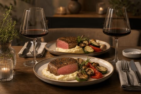 ewürztes Rinderfilet mit Kartoffelpüree und gegrilltem Gemüse, serviert mit Rothschild Escudo Rojo Gran Reserva Carménère als passende Speisebegleitung.