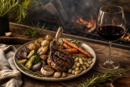 Lammkotlett mit Gemüsebeilagen und einem Glas Rotwein.