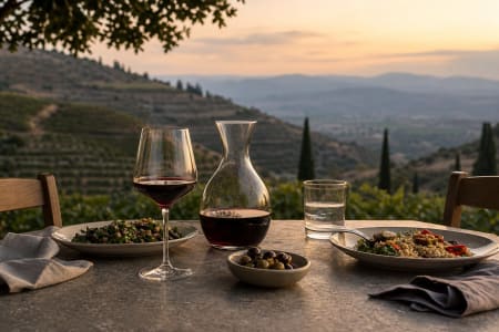 Rotwein-Glas und -Karaffe auf gedecktem Tisch vor mediterraner Hügellandschaft.