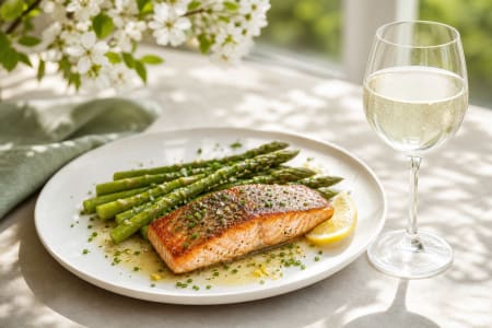 Lachs mit grünem Spargel, dazu ein Glas Sauvignon-Blanc-Weißwein von Mirabelle.