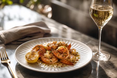 Scampi mit Knoblauch und Zitrone, dazu ein Champagnerglas.