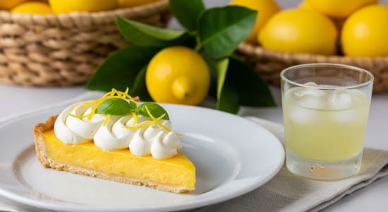 Ein Stück Zitronentarte auf einem Teller mit einem Glas Limoncello auf Eis.