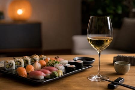 Ein Sushi-Teller auf einem Esstisch mit einem Glas Weißwein.