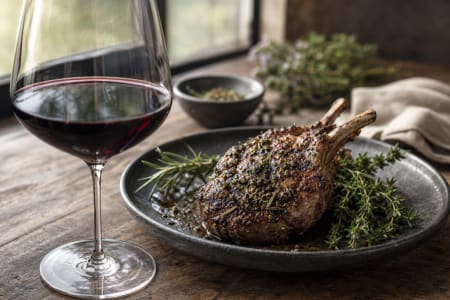 Lammkoteletts mit Kräutern der Provence und einem Glas Rotwein.