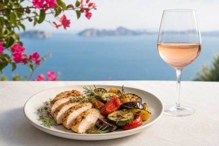 Ein Glas Roséwein der Sorte Tenuta Ulisse Merlot Rosato mit Hähnchenbrustfilet und mediterranem Gemüse.