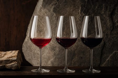 Drei Gläser mit Rotwein in unterschiedlicher Farbintensität.