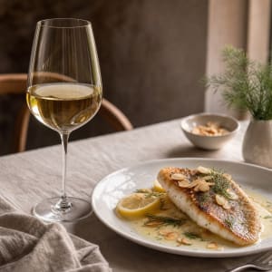 Gebratener Zander mit Zitronenbutter, dazu ein Glas Weißwein.