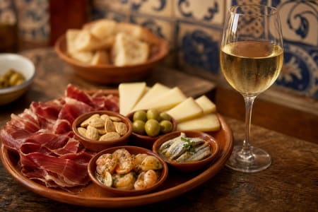 Eine Tapas-Platte mit Oliven, Manchego und Schinken, dazu ein Glas Sherry-Likörwein.