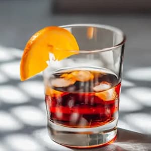 Ein Glas Wermut mit Eiswürfeln und Zitronenscheibe.