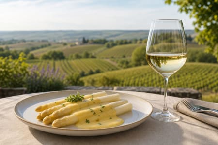 Ein Glas Weißwein »Westhofener Weißer Burgunder« mit Spargel vor der Landschaft Rheinhessens.