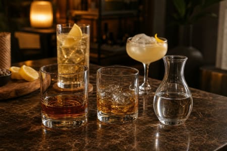 Zwei Whiskey-Gläser, ein Longdrink und ein Cocktail, daneben eine Karaffe Wasser.