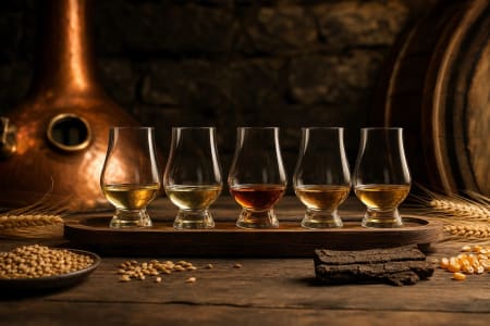 Verschiedene Whisky-Sorten aufgereiht zur Verkostung in einer Brennerei.