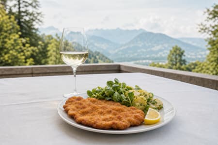 Ein Glas Wiener Gemischter Satz Weißwein mit Wiener Schnitzel und Erdäpfel-Vogerlsalat.