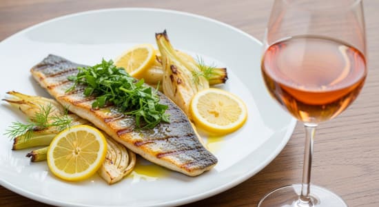 Wolfsbarsch-Filet mit Zitrone und einem Glas Miraval-Roséwein.