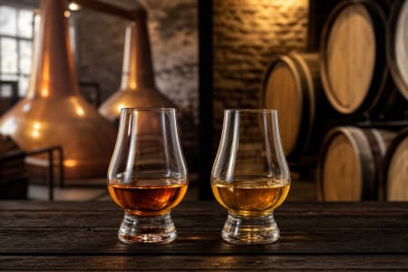 Zwei Gläser mit einem Single Malt und einem Blended Whisky.