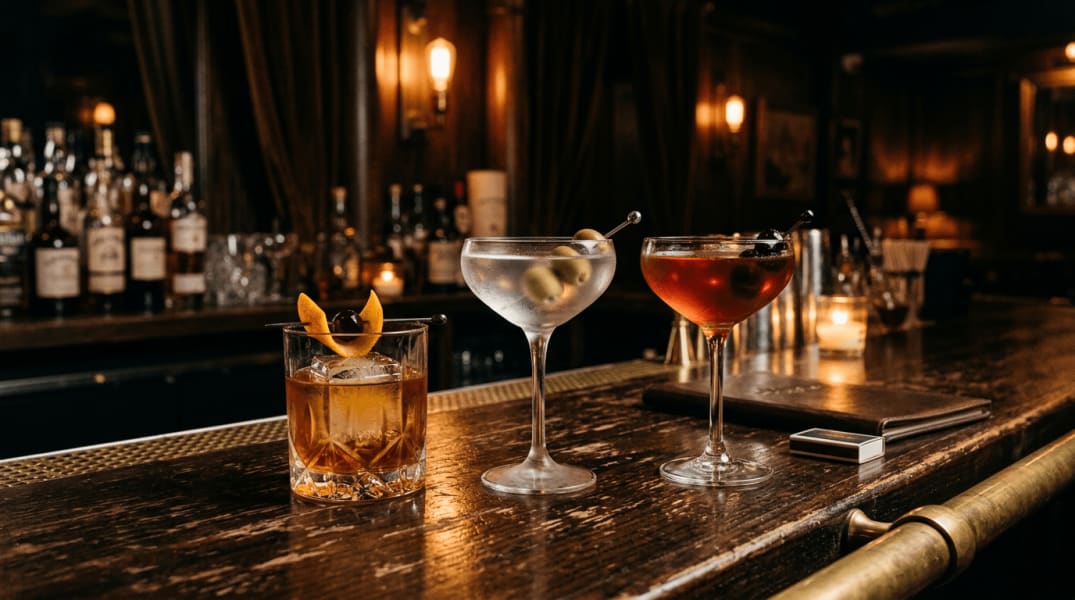 Drei Cocktails stehen auf einer Bartheke.