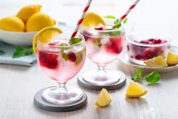 Zwei Gläser Cranberry-Sparkling-Tonic mit Zitrone.
