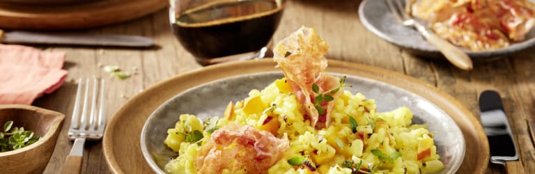 Kürbisrisotto mit gebratenem Pancetta