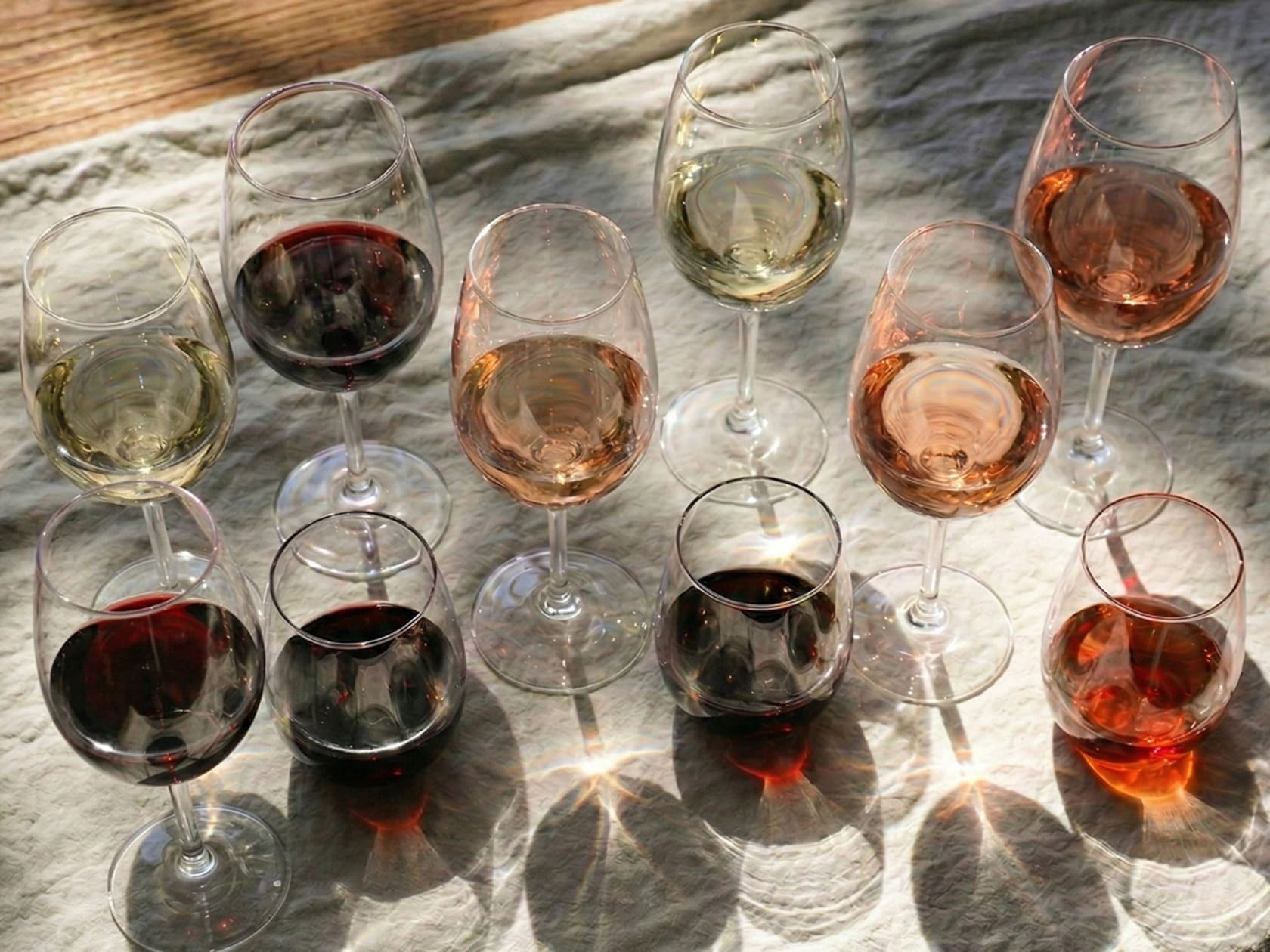 Gefüllte Weingläser auf einem Tisch