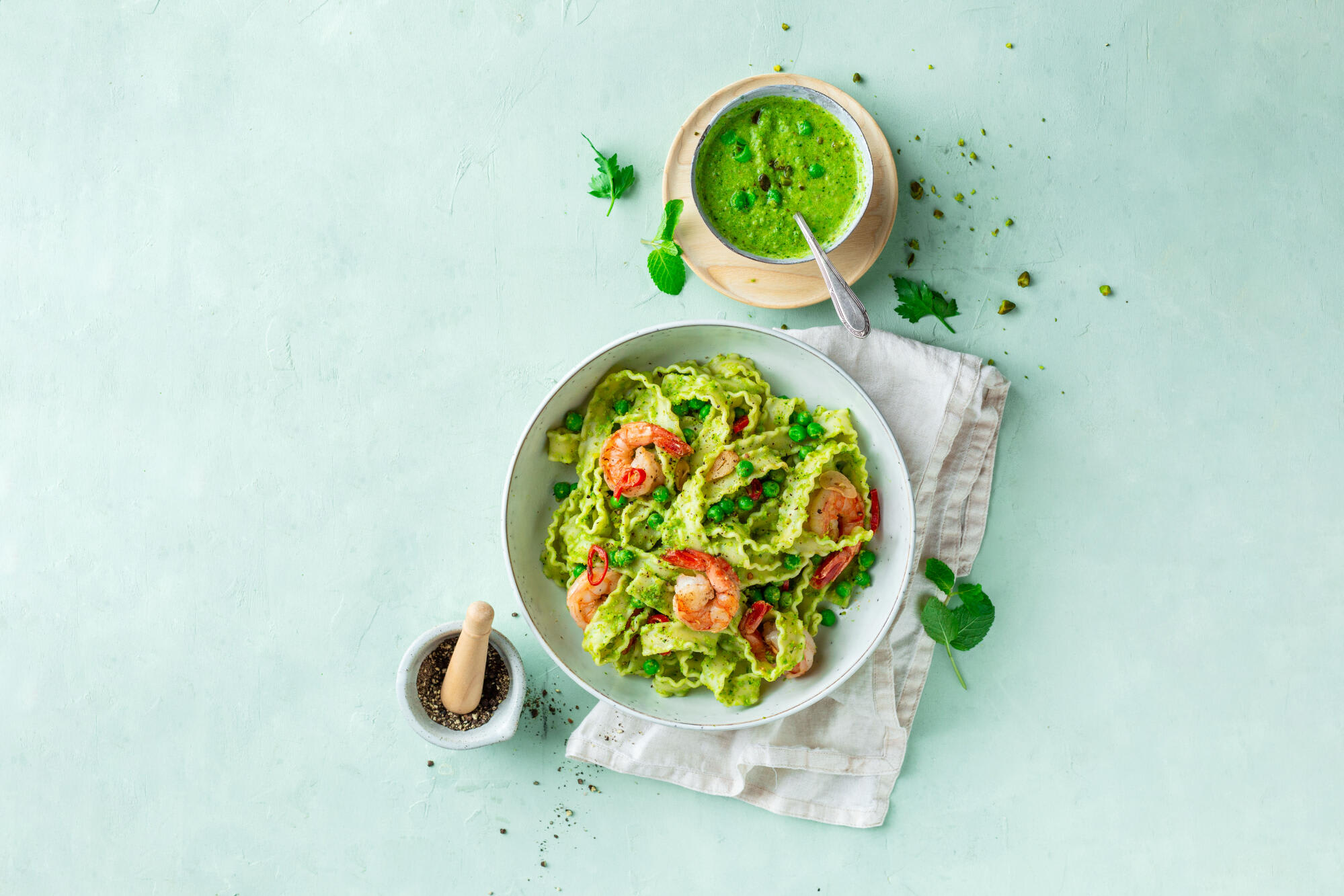 Mafaldine mit Pesto und Garnelen
