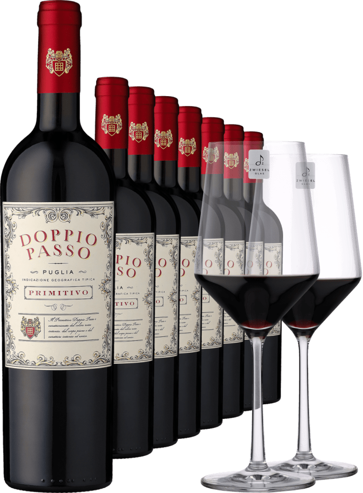 2021 Doppio Passo Primitivo im 8er-Vorratspaket inkl. 2er-Set Zwiesel Glas »PURE« Botter Casa Vinicola S.P.A. Club of Wine DE