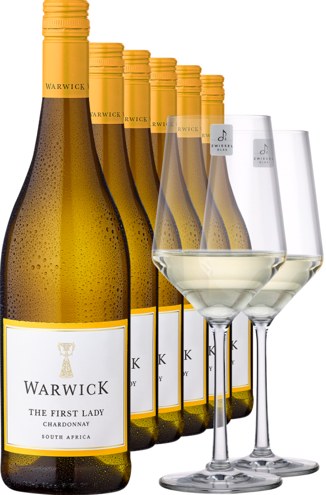 2022 Warwick Estate »The First Lady« Chardonnay im 6er-Vorratspaket inkl. 2er Zwiesel PURE Gläser-Set Warwick Estate Club of Wine DE