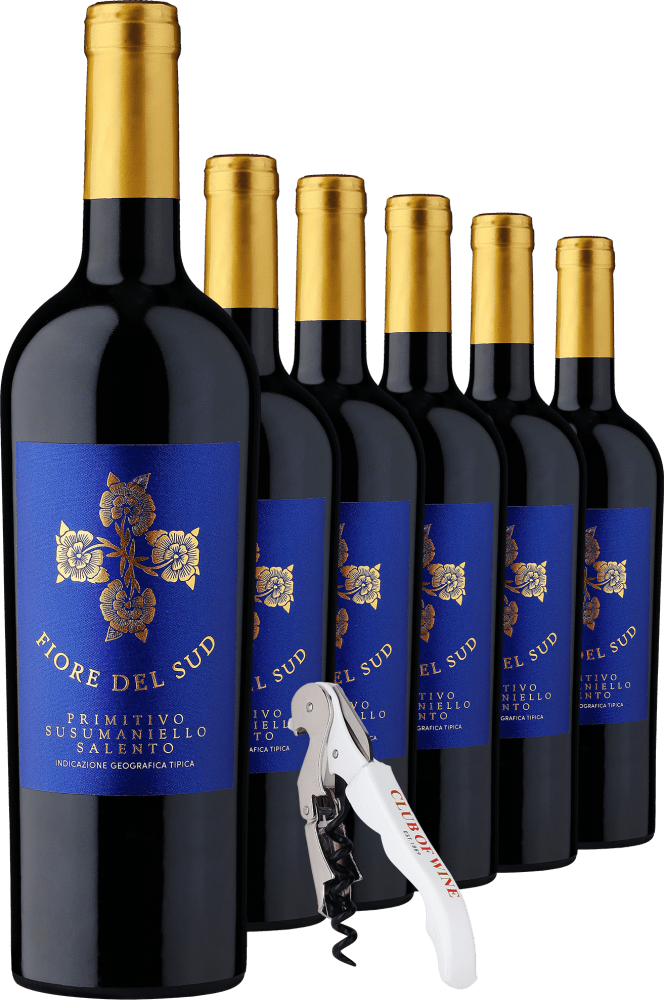 2021 Fiore del Sud Primitivo Susumaniello im 6er-Vorratspaket + GRATIS Kellnermesser EnoPartner Italia S.r.l. Via Badi 17 I-39057 Appiano Italia Club of Wine DE