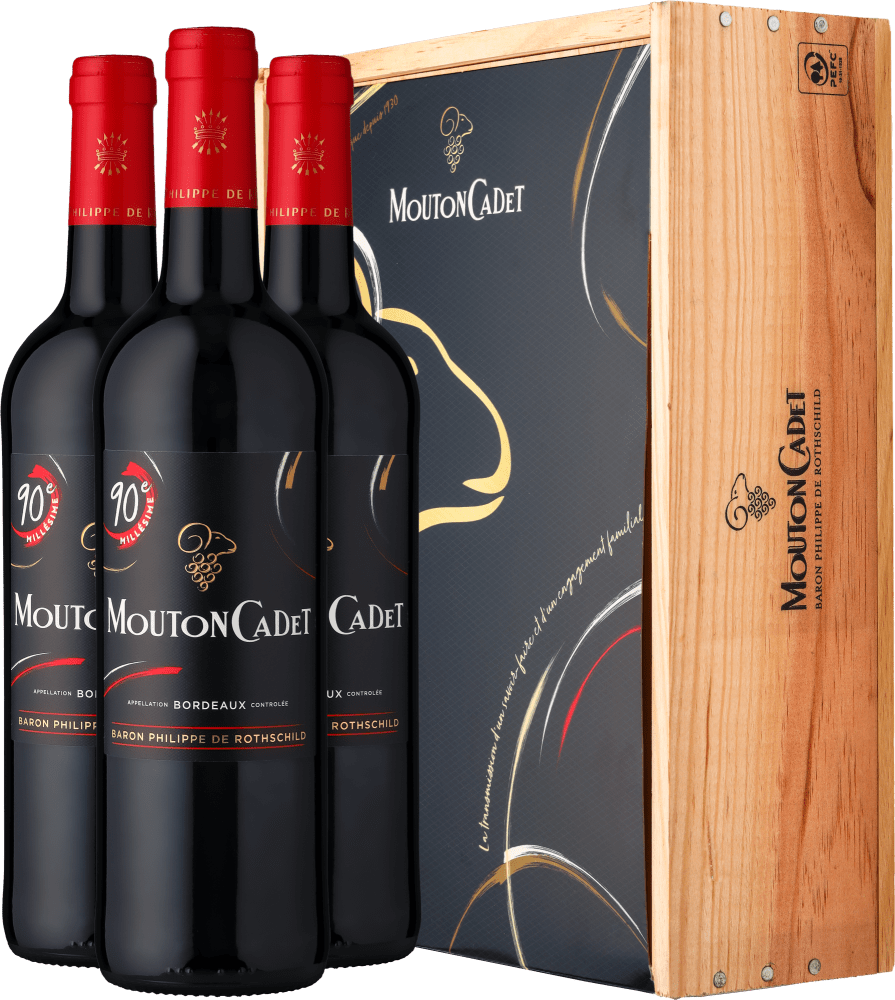 4002859982632 - 3 Flaschen 2020 Rothschild Mouton Cadet Rouge >90e Millésime< – in der Holzkiste 4002859982632 - 3 Flaschen 2020 Rothschild Mouton Cadet Rouge >90e Millésime< – in der Holzkiste
