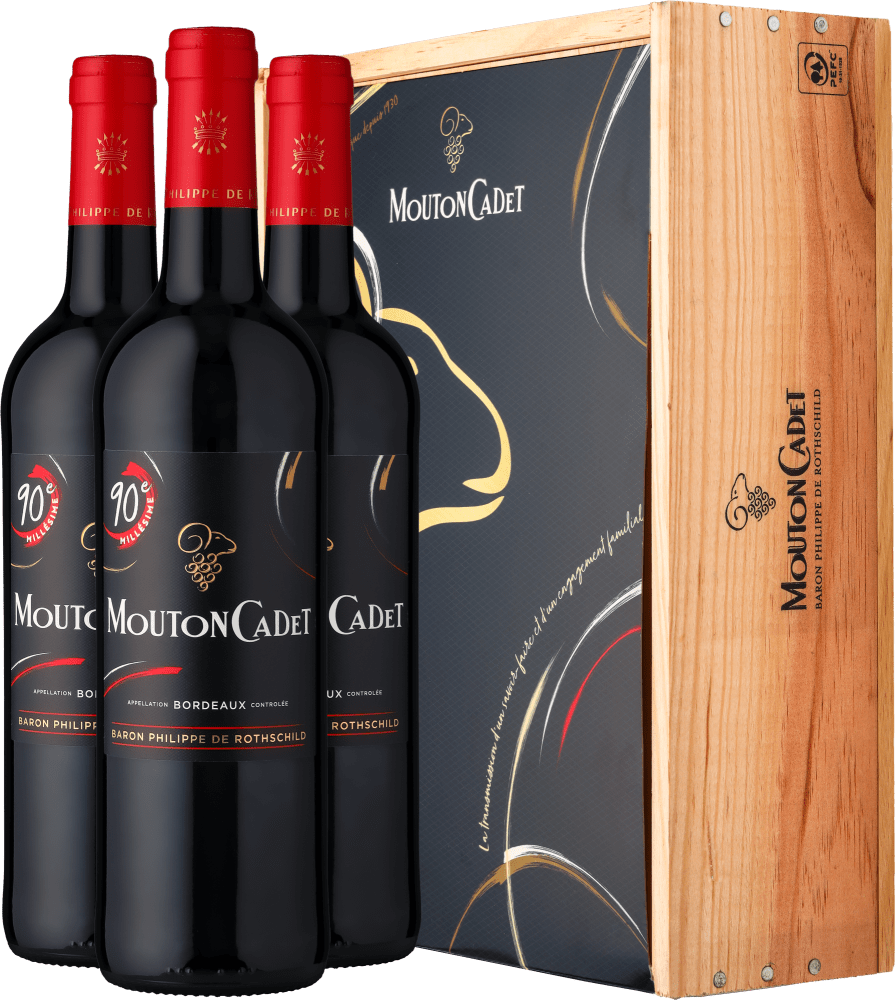 3 Flaschen 2020 Rothschild Mouton Cadet Rouge ></noscript>90e Millésime< – in der Holzkiste Baron Philippe de Rothschild Club of Wine DE