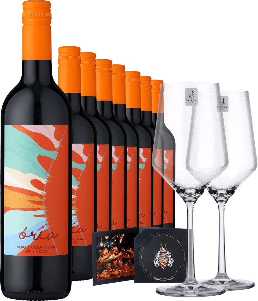 4002859986081 - 2022 Ória Nero dAvola Syrah im 8er-Vorratspaket inkl 2er-Set Zwiesel Glas »PURE« & Drop Stop 4002859986081 - 2022 Ória Nero dAvola Syrah im 8er-Vorratspaket inkl 2er-Set Zwiesel Glas »PURE« & Drop Stop