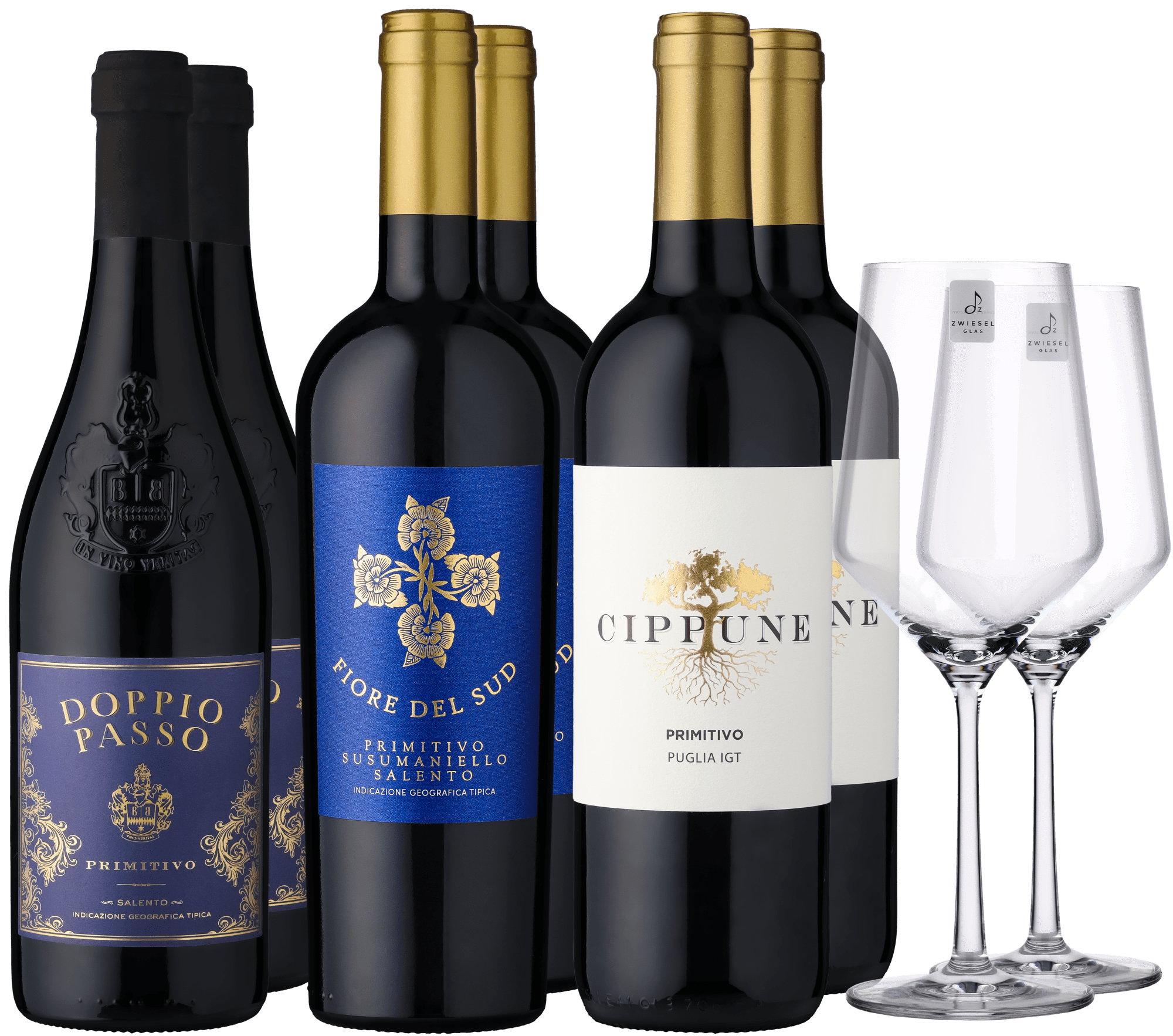 4002859989105 - 6er-Probierpaket »Primitivo Genussreise« + GRATIS Gläser