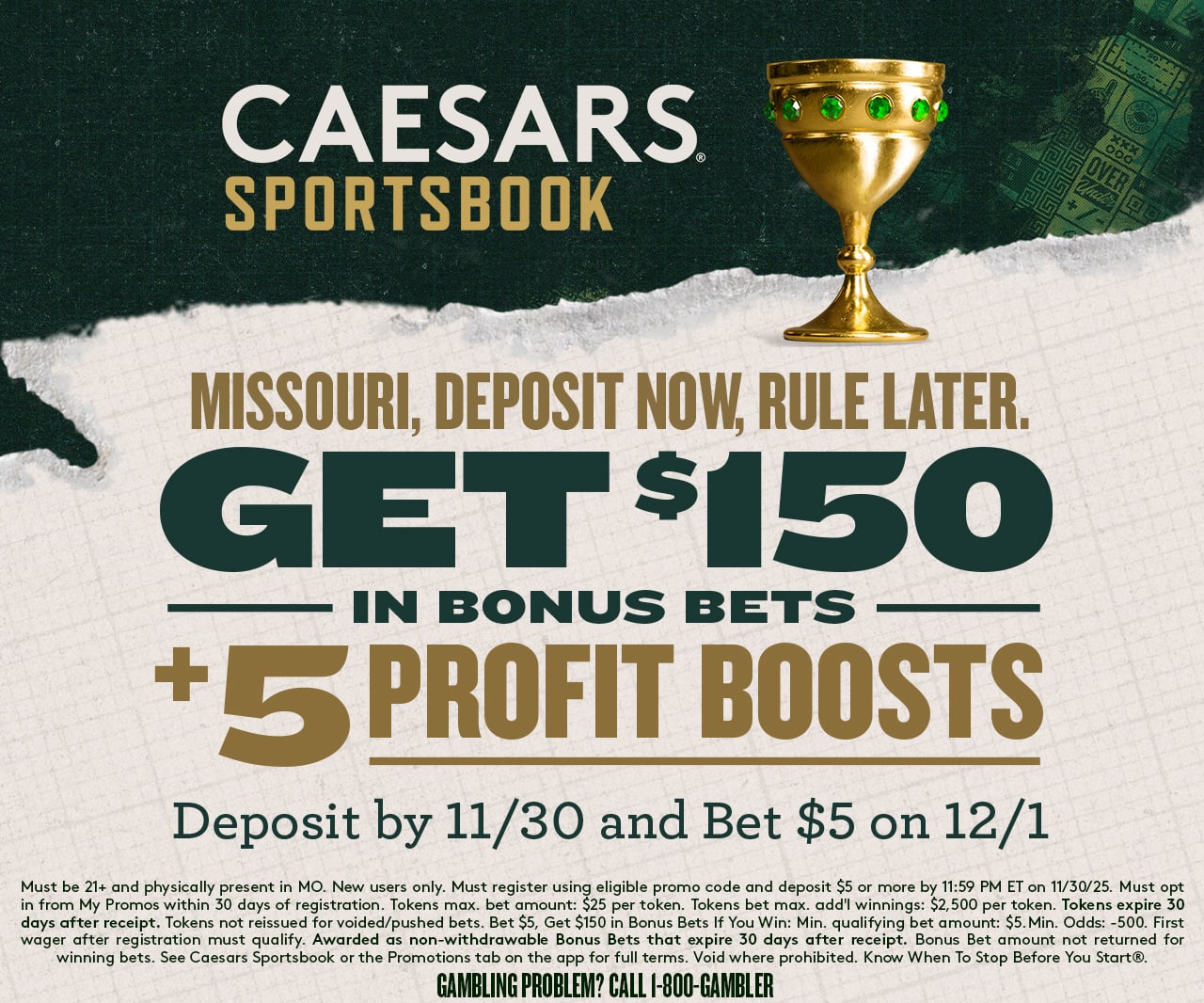 Caesars Sportsbook Missouri Pre-Launch Offer: ROTOMO Gets $150 in Bonus Bets If You Win + Get Five 100% Profit Boosts