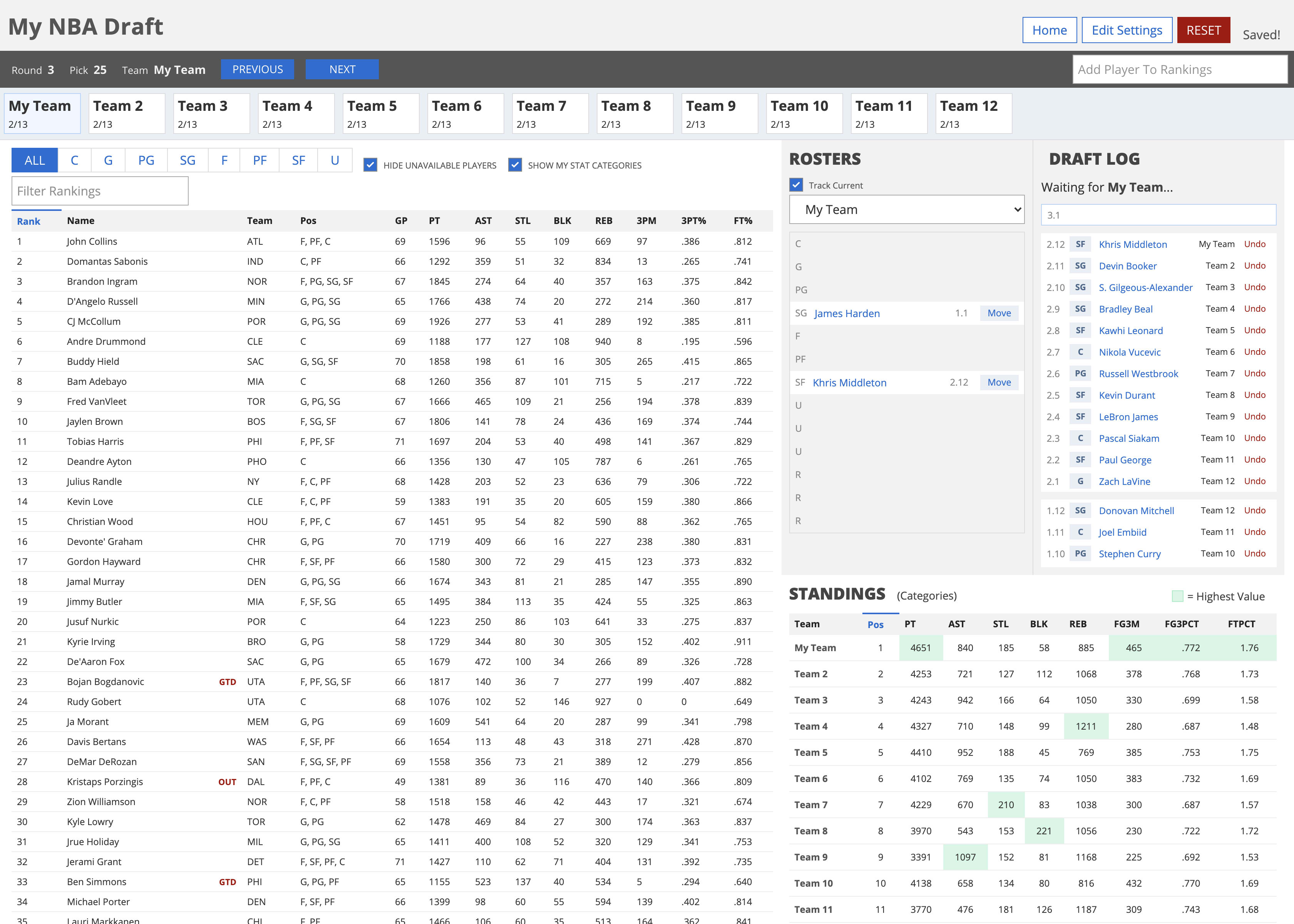Fantasy Basketball Draft Software Screenshot