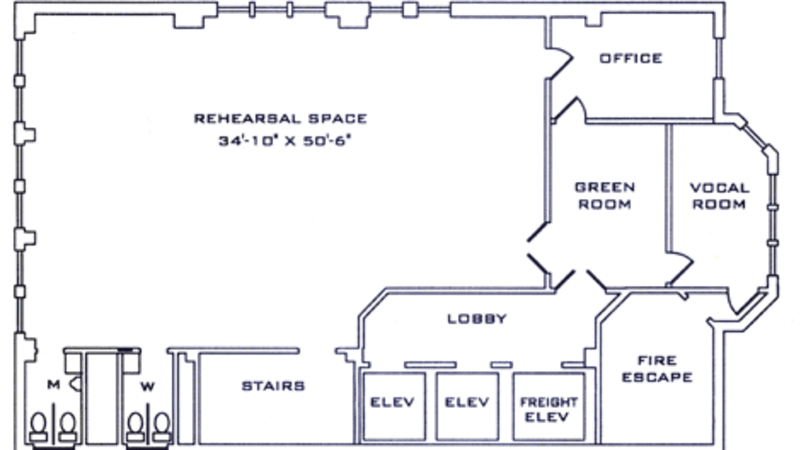 Floor plan of the 11th floor studio, featuring a 34 by 50 foot rehearsal space.